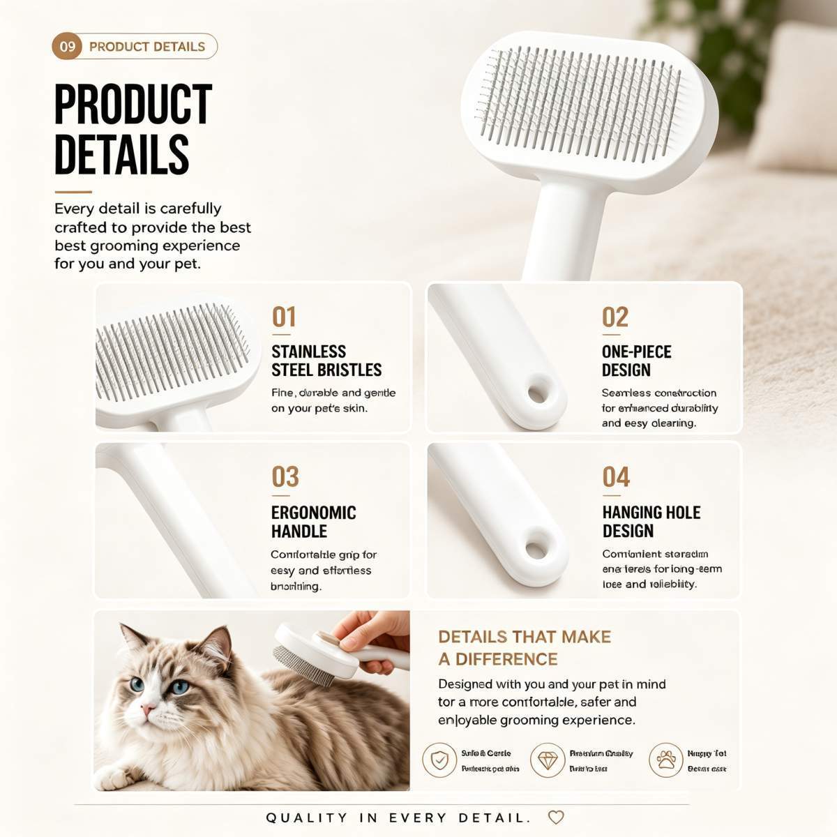 Pet Slicker Brush For Cats & Dogs, Self-Cleaning Grooming Brush With One-Click Hair Removal, Gentle Deshedding Tool For Long & Short Hair, Skin-Friendly Pet Grooming Comb - Image 3