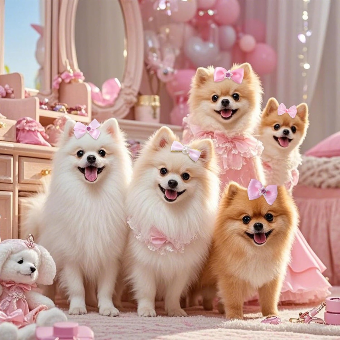 20 PCS Cute Dog Hair Bows With Rubber Bands Elastic Handmade Mix Style Lace Rhinestone Pearls For Furry Puppy Cat Pet Girl - Image 6