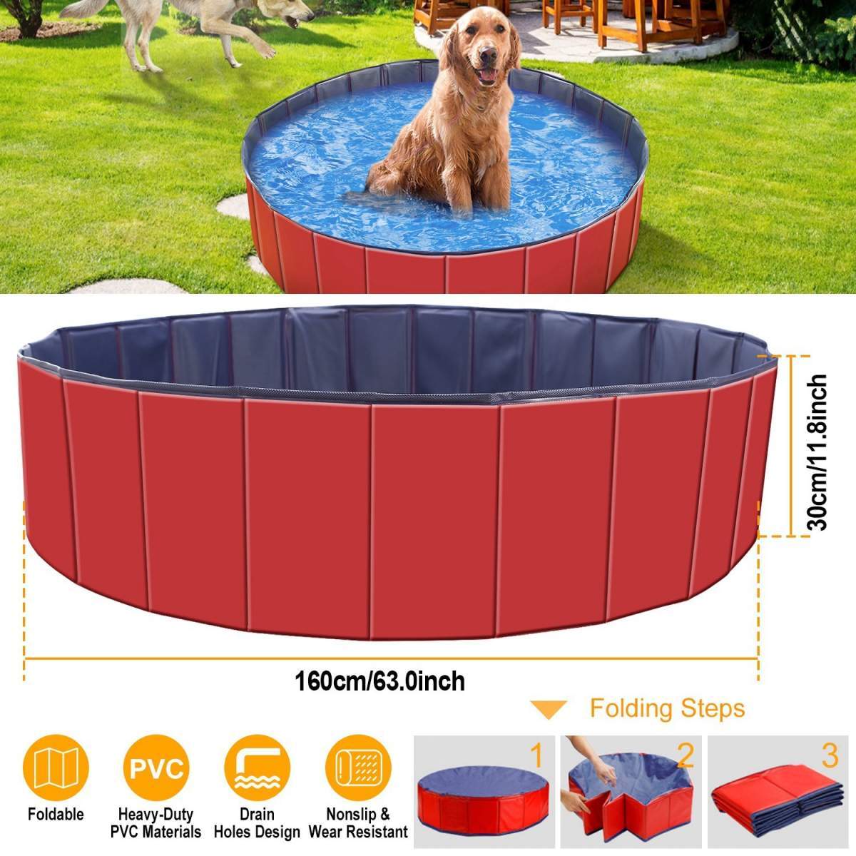 1Pc 160 X 160 X 30cm-63.0 X 63.0 X 11.8inch Foldable Pet Swimming Pool PVC Dog Swim Pool Bathing Tub Playmat Pools - Image 3