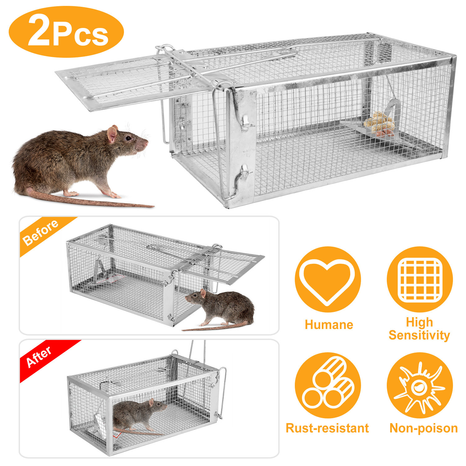 Humane Live Animal Trap, Galvanized Steel Mouse Cage Trap With Sensitive Gravity Pedal, Escape-Proof Design, Reusable Rodent Catcher For Home Yard Garage Restaurant - Image 6