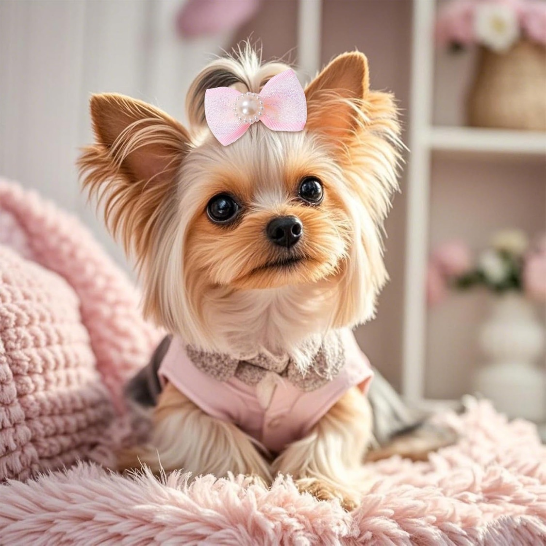 20 PCS Cute Dog Hair Bows With Rubber Bands Elastic Handmade Mix Style Lace Rhinestone Pearls For Furry Puppy Cat Pet Girl - Image 4