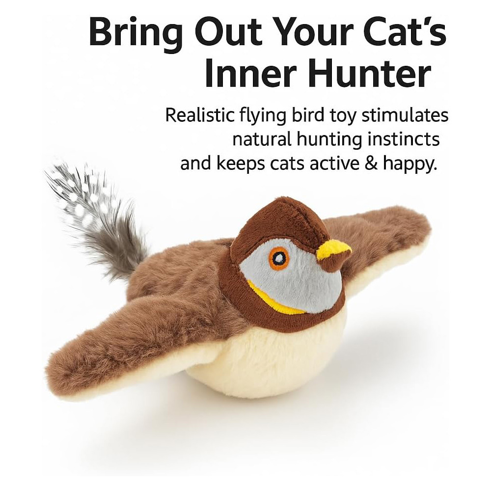 USB Rechargeable Flapping Bird Cat Toy, Realistic Chirping White Faced Sparrow Plush Toy, Motion Activated Electronic Interactive Pet Toy For Indoor Cats Exercise - Image 2