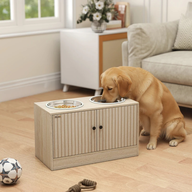 Elevated Dog Bowl, Large Feeding Dog Bowl Stand With 2 Stainless Steel Bowls, Storage Drawer, And Slow Feeder Mat.