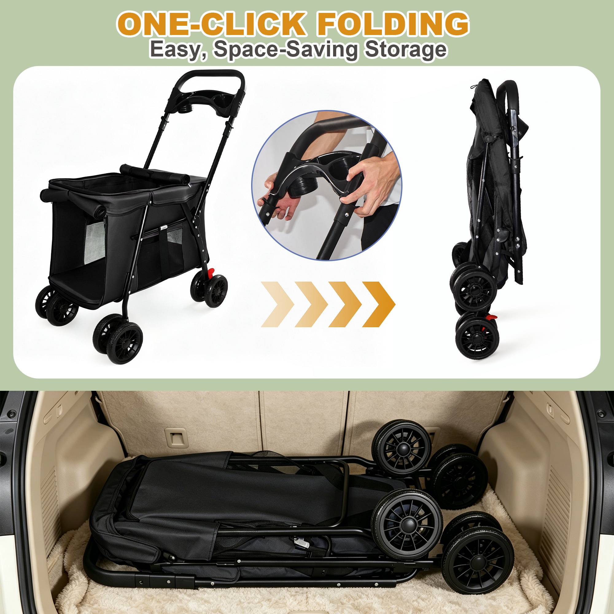 Pet Stroller, Foldable 4-Wheel Design, Breathable Mesh Dog Cat Stroller with Shockproof Wheels, Brake System, Storage Tray, 2 Fixed Safety Leashes, Large Space Pet Carrier for Small Medium Pets,Black - Image 9