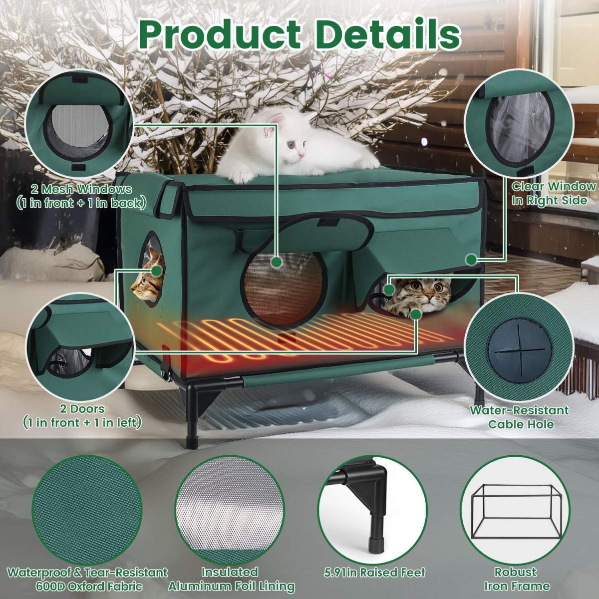 1Pc Waterproof Heated Cat House Outdoor Weatherproof Insulated Kitty Shelter Feral Cat Heating Bed With Heating Pad Anti-Chew Cord 2 Doors 3 Windows For Indoors Outdoors Winter Summer - Image 9