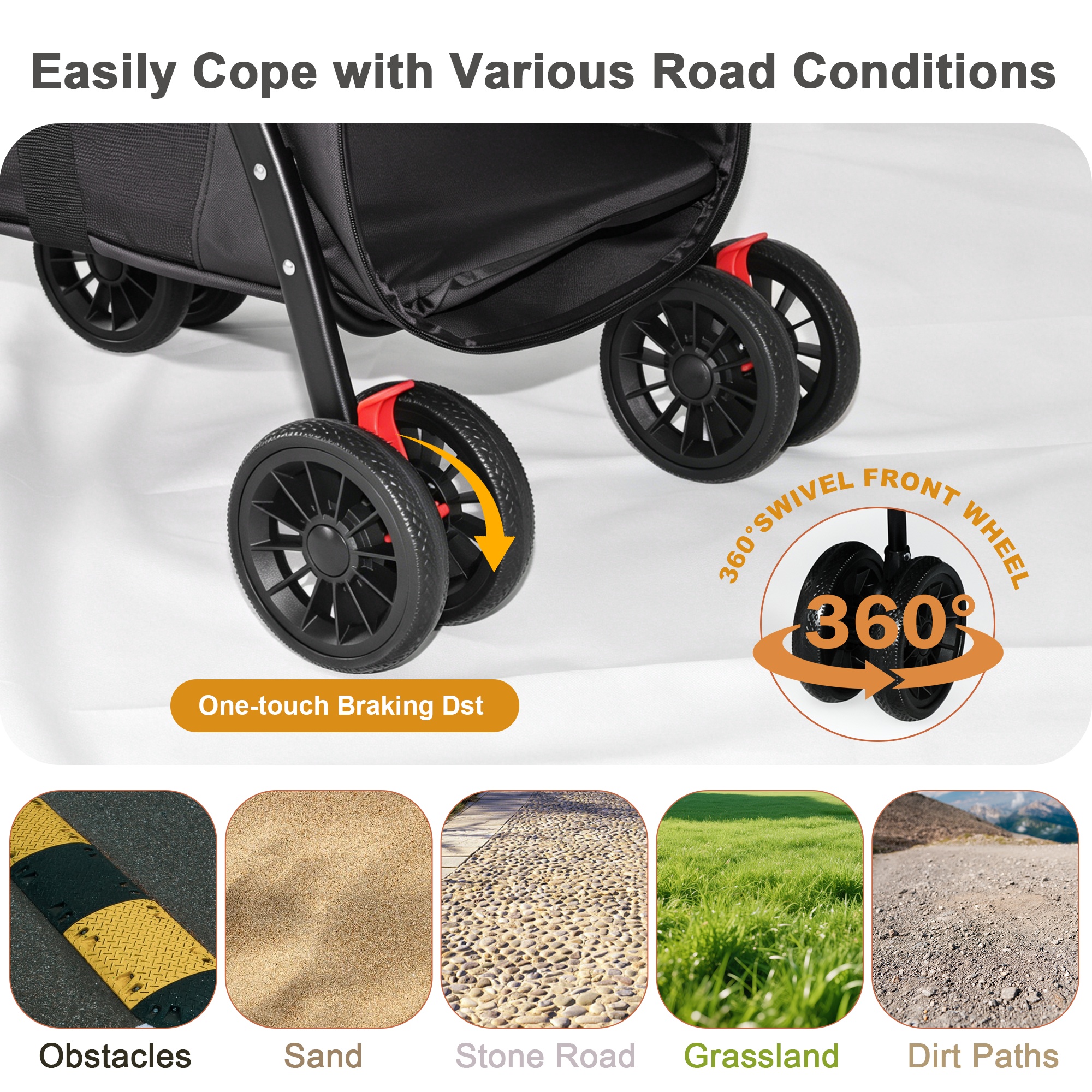 Pet Stroller, Foldable 4-Wheel Design, Breathable Mesh Dog Cat Stroller with Shockproof Wheels, Brake System, Storage Tray, 2 Fixed Safety Leashes, Large Space Pet Carrier for Small Medium Pets,Black - Image 8
