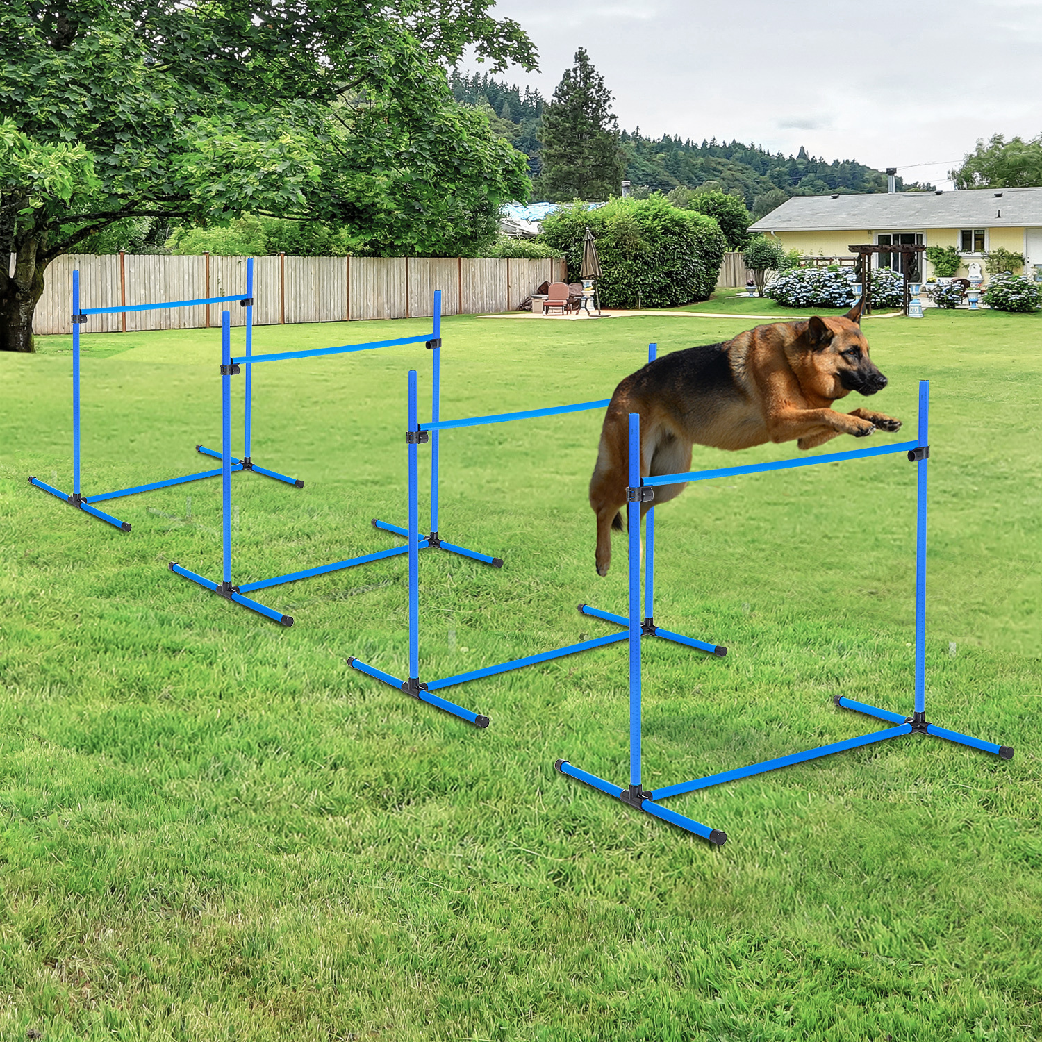 4 Piece Dog Agility Starter Kit with Adjustable Height Jump Bars, Included Carry Bag & Displacing Top Bar - Blue - Image 8