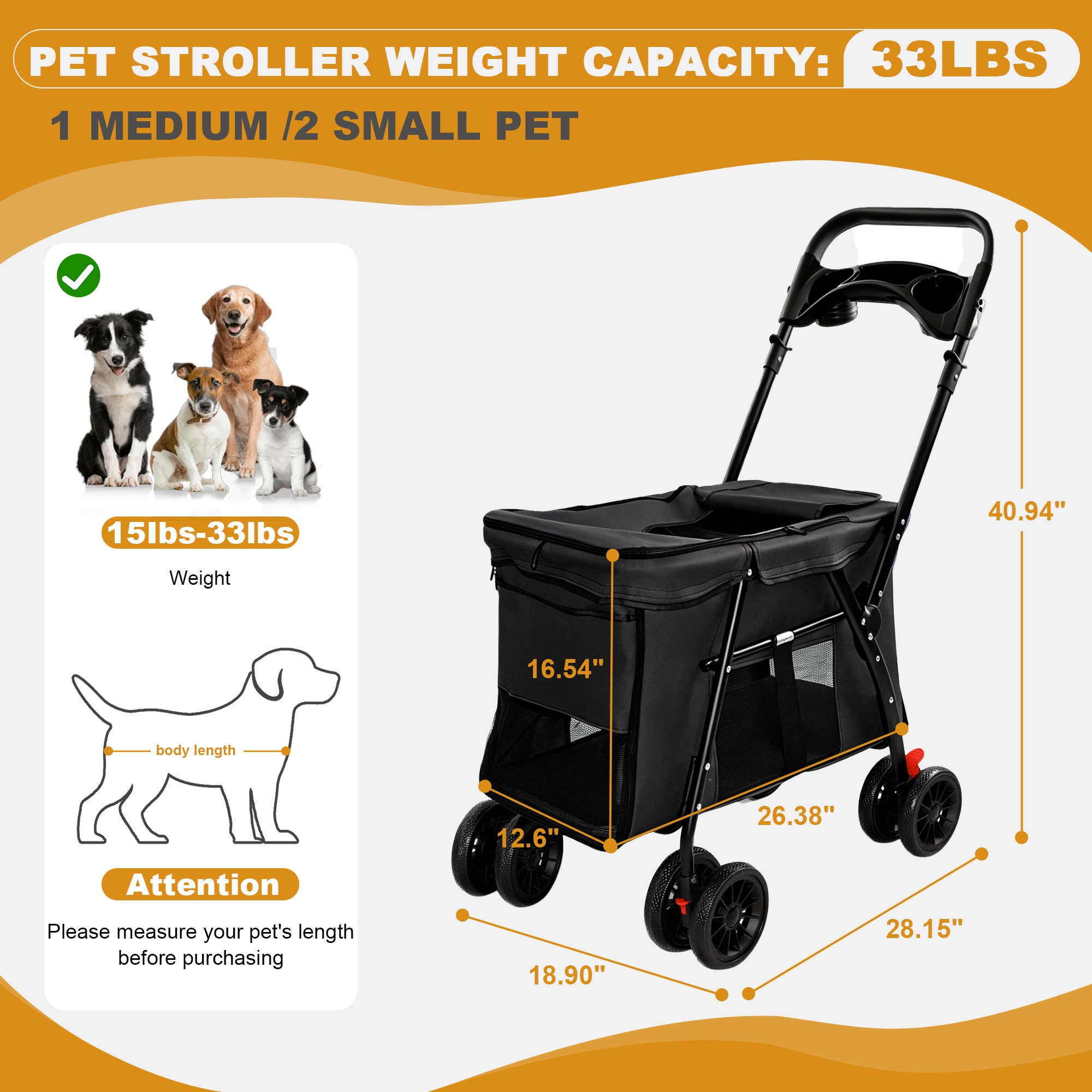Pet Stroller, Foldable 4-Wheel Design, Breathable Mesh Dog Cat Stroller with Shockproof Wheels, Brake System, Storage Tray, 2 Fixed Safety Leashes, Large Space Pet Carrier for Small Medium Pets,Black - Image 3