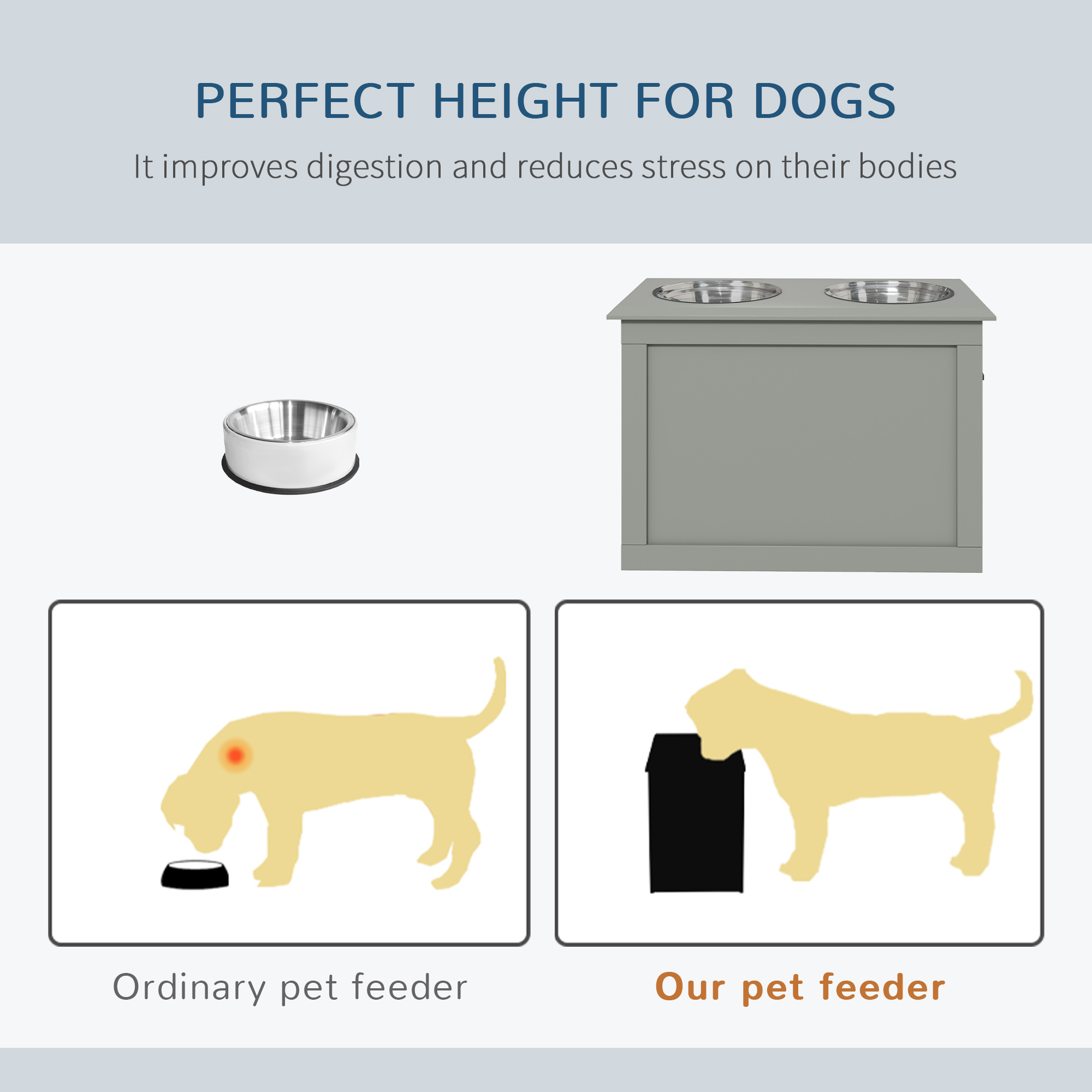 Raised Pet Feeding Storage Station with 2 Stainless Steel Bowls Base for Large Dogs and Other Large Pets, Gray - Image 2