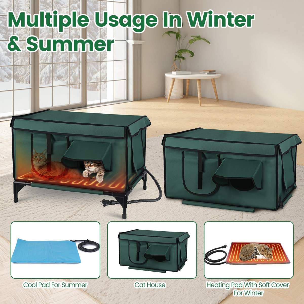 1Pc Waterproof Heated Cat House Outdoor Weatherproof Insulated Kitty Shelter Feral Cat Heating Bed With Heating Pad Anti-Chew Cord 2 Doors 3 Windows For Indoors Outdoors Winter Summer - Image 6
