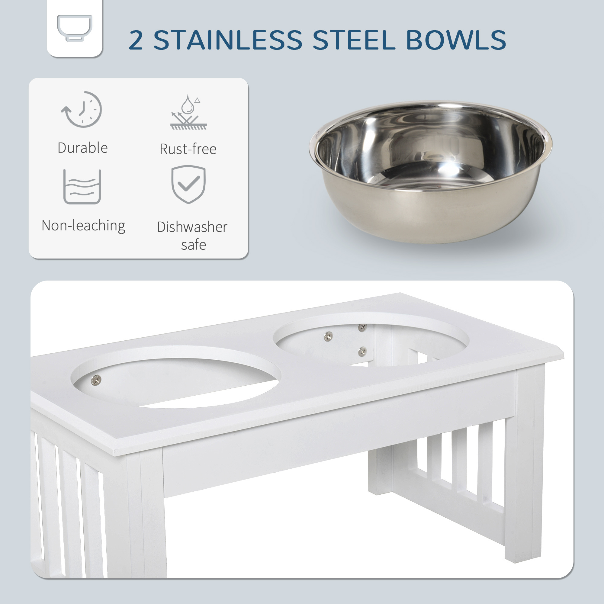 6" Height Small Puppy Dog Feeding Station for Messy Pets, Stainless Steel Elevated Dog Bowls with Modern Wooden Frame, Dog Food Stand Pet Feeding Station, White - Image 7
