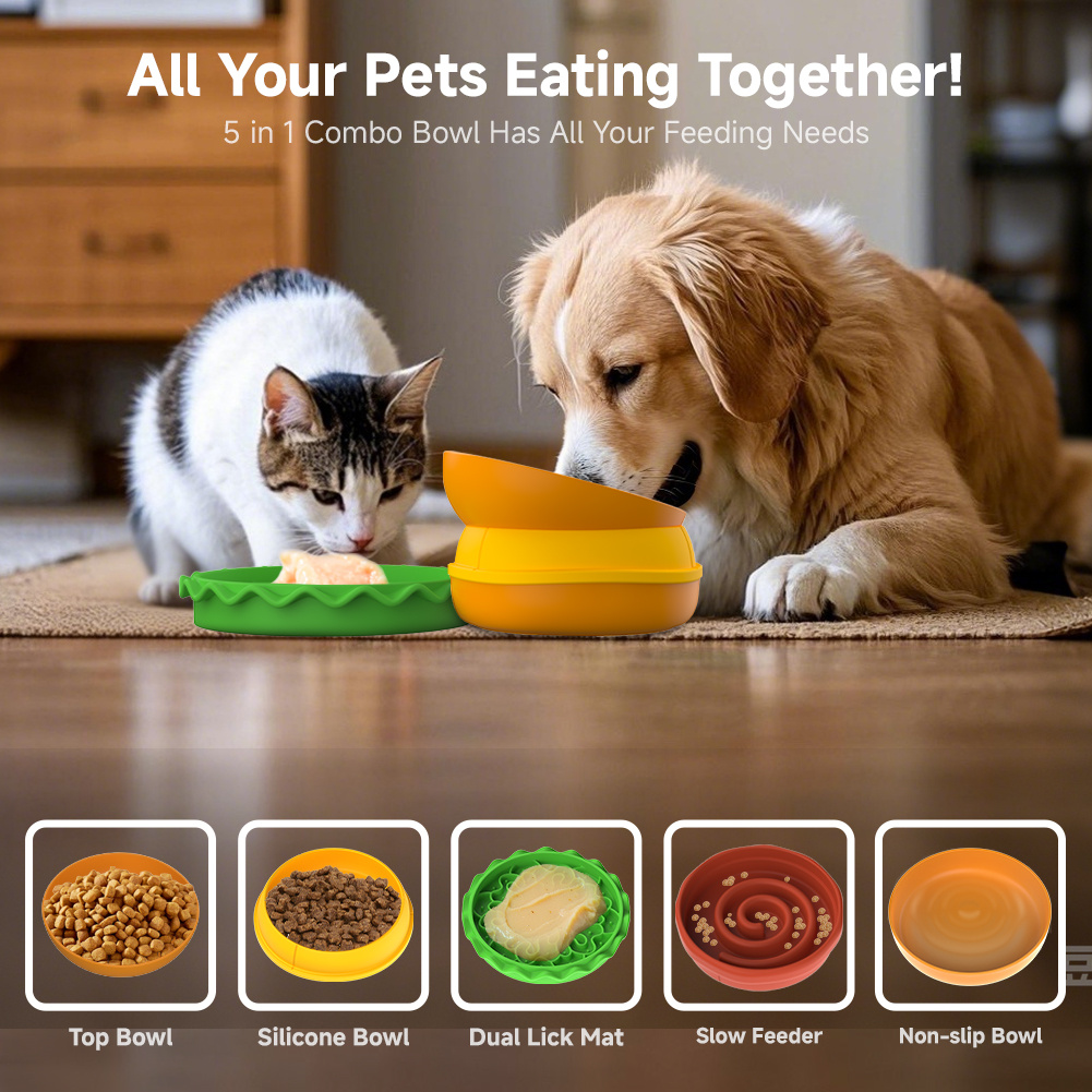 Hamburger Appearance Pet Cat And Dog Bowl Combination Multi-layer Five-in-one