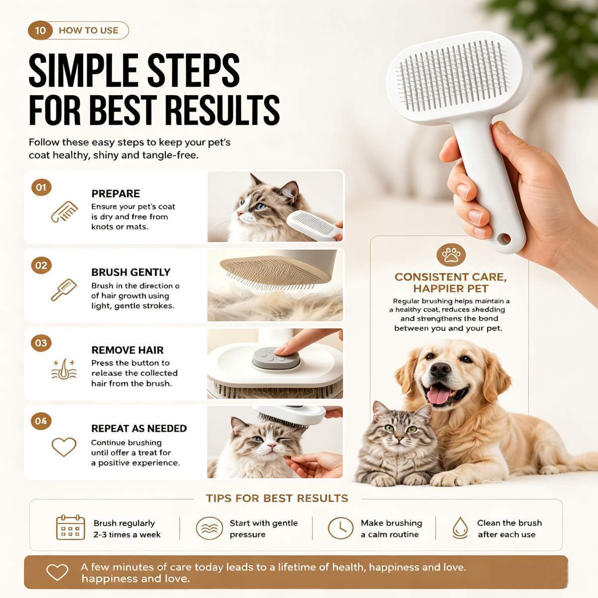 Pet Slicker Brush For Cats & Dogs, Self-Cleaning Grooming Brush With One-Click Hair Removal, Gentle Deshedding Tool For Long & Short Hair, Skin-Friendly Pet Grooming Comb - Image 8