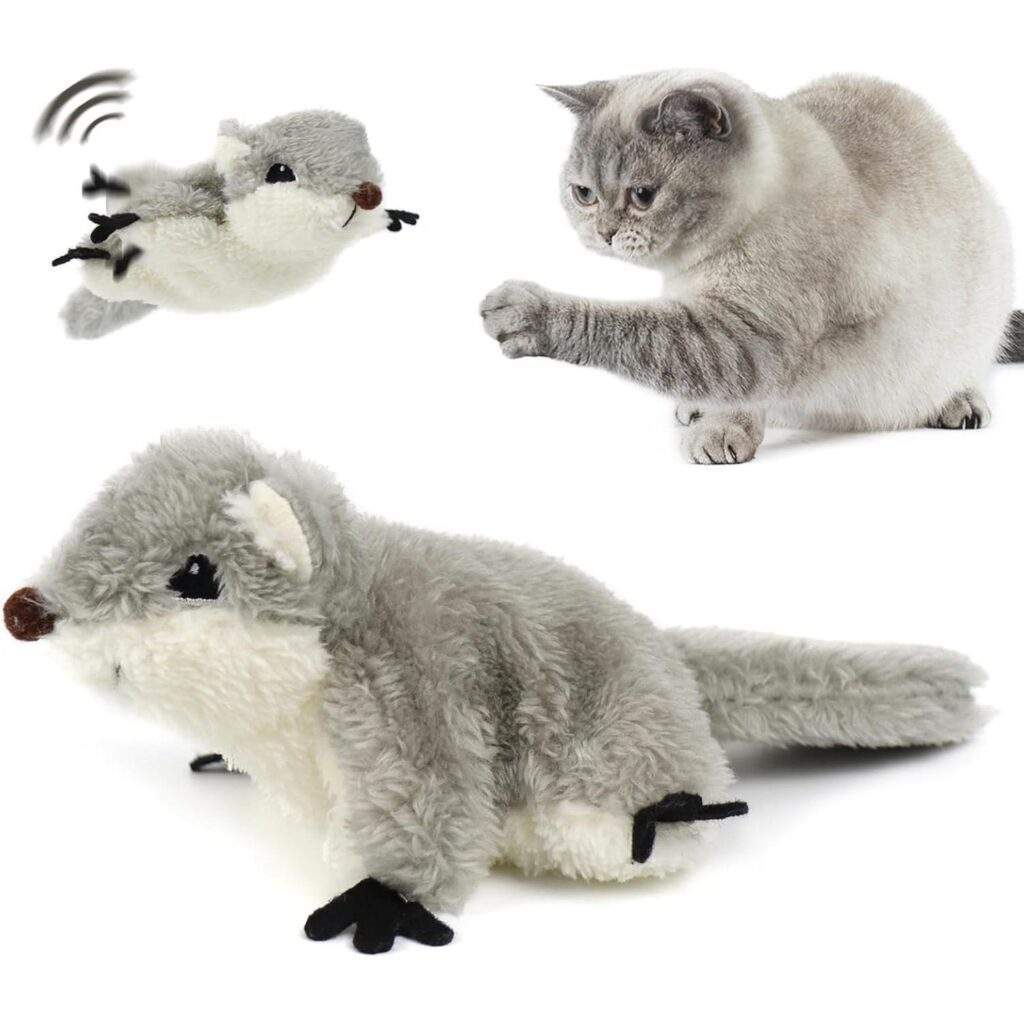 Pet Toys, Cat Catnip Toys Flapping Squirrel, Rechargeable Touch Activated KittenToys, Lifelike Interactive Cats Toy Indoor, CatKicker Plush Toys For All Breeds Universalinteractive Toy Cat Toys