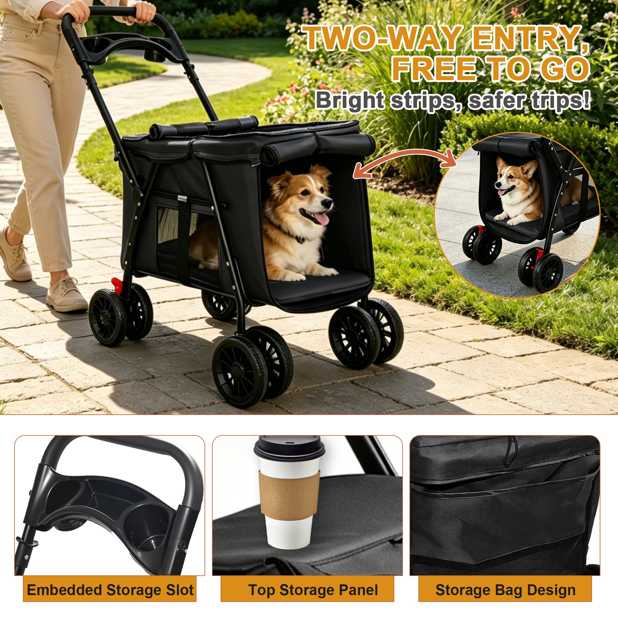 Pet Stroller, Foldable 4-Wheel Design, Breathable Mesh Dog Cat Stroller with Shockproof Wheels, Brake System, Storage Tray, 2 Fixed Safety Leashes, Large Space Pet Carrier for Small Medium Pets,Black - Image 7
