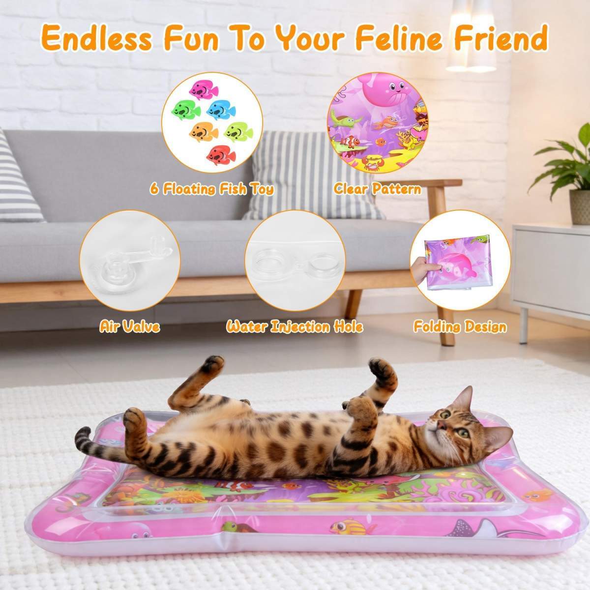 Cat Water Mat Interactive Sensory Play Mat With Floating Fish Toys LED Color Changing Light Thickened PVC For Indoor Cats Kittens Pet Enrichment - Image 7