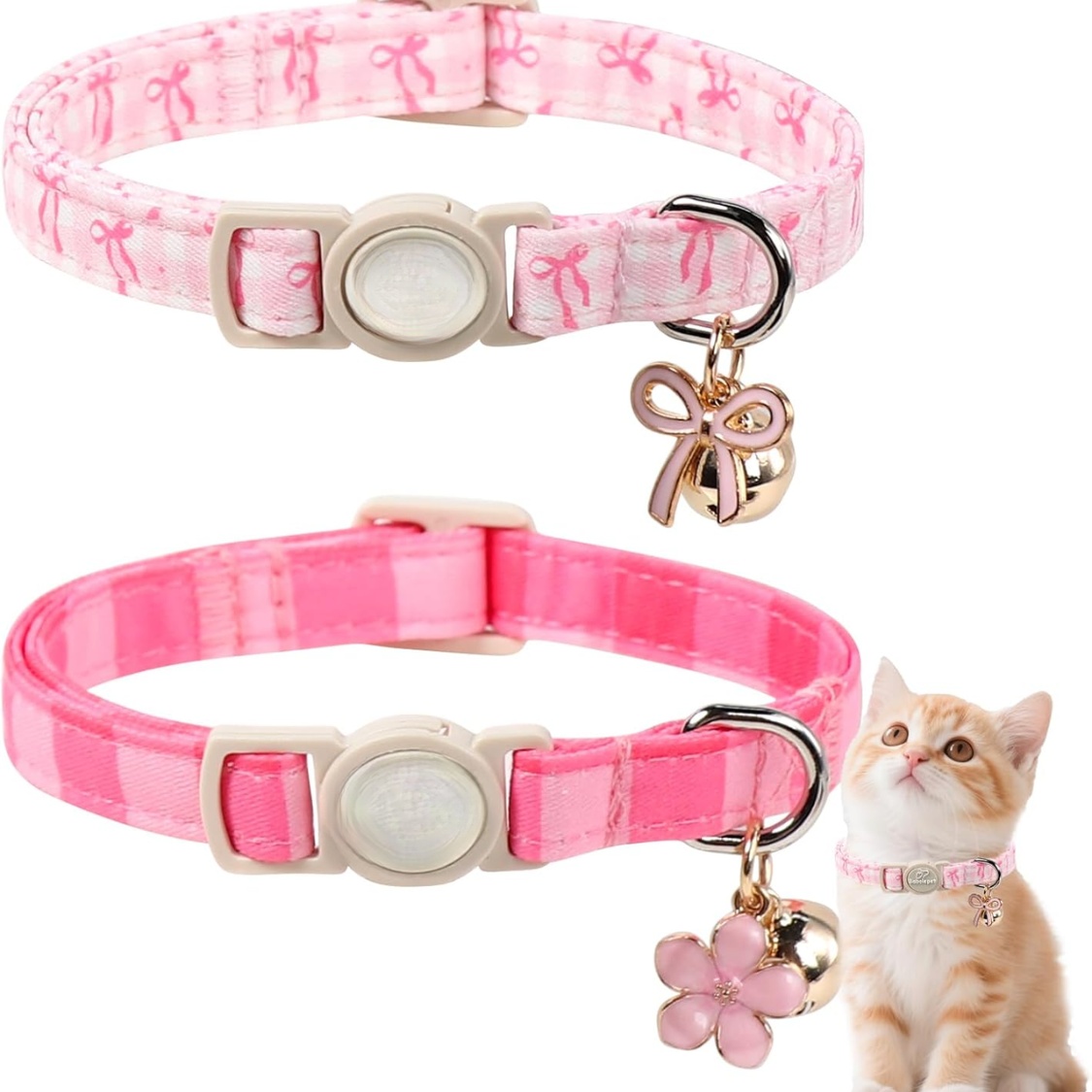 2 Pack Pink Cat Collars Spring Summer Breakaway Cat Collar With Bell, Bow And Flower Pendant, Adjustable Kitten Collars For Girl Cats, Cute Pink Plaid Bow
