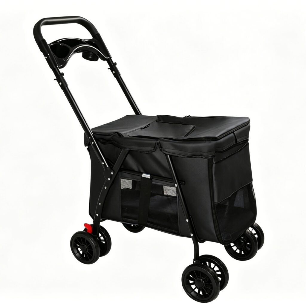 Pet Stroller, Foldable 4-Wheel Design, Breathable Mesh Dog Cat Stroller with Shockproof Wheels, Brake System, Storage Tray, 2 Fixed Safety Leashes, Large Space Pet Carrier for Small Medium Pets,Black
