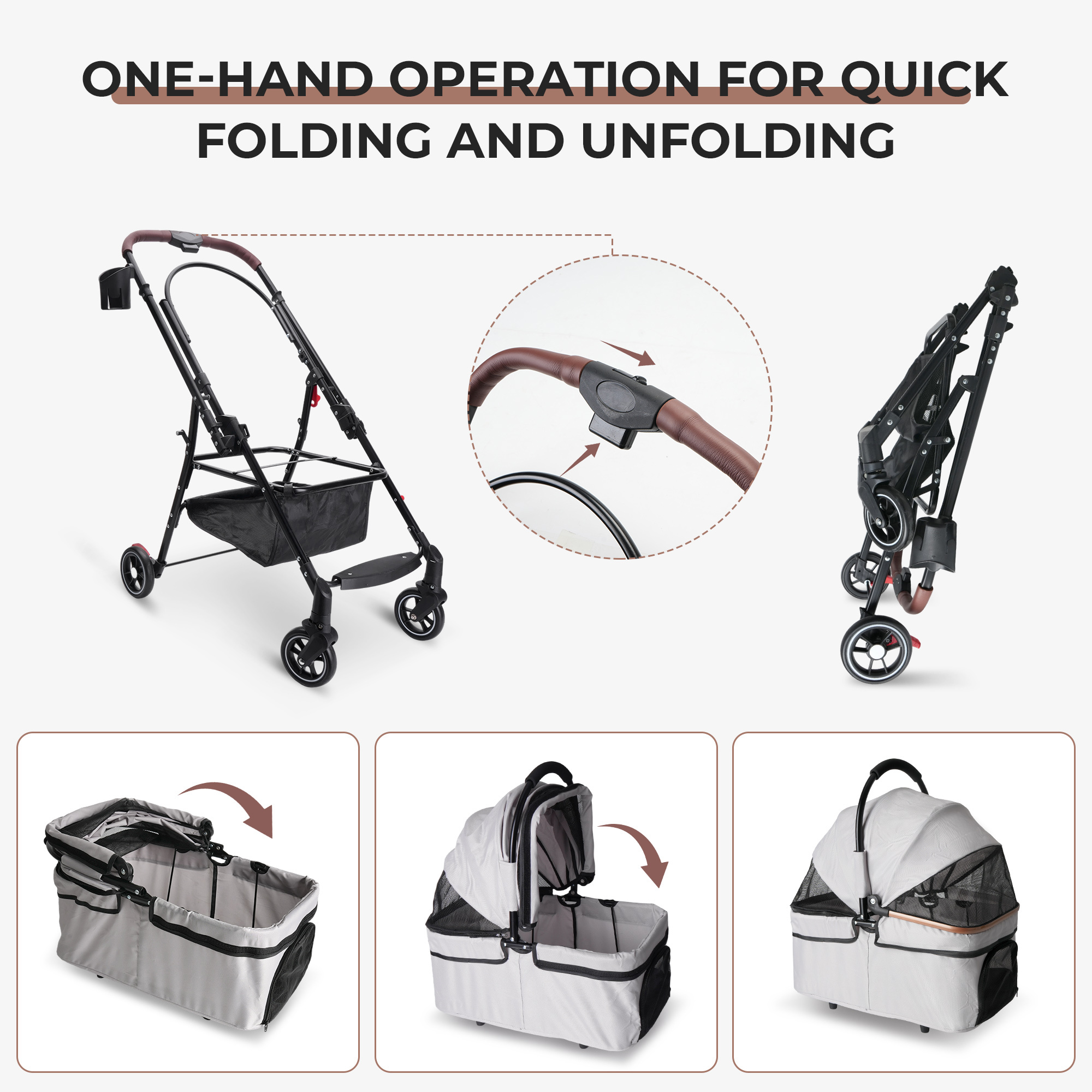 4-Wheel Foldable Pet Stroller For Small Dogs & Cats - 360 Rotating Wheels, Detachable Carrier & Travel Bag Included - Image 7