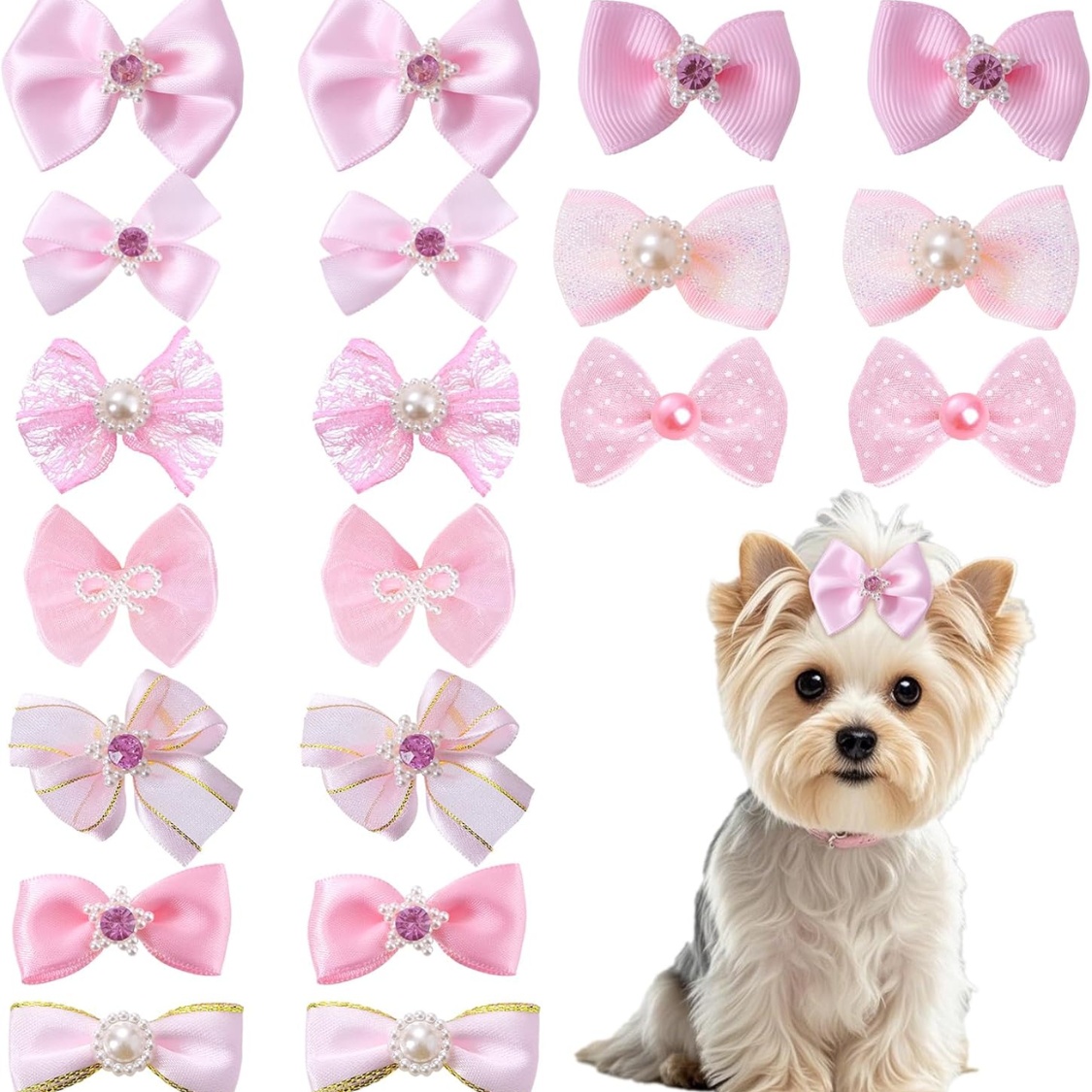 20 PCS Cute Dog Hair Bows With Rubber Bands Elastic Handmade Mix Style Lace Rhinestone Pearls For Furry Puppy Cat Pet Girl