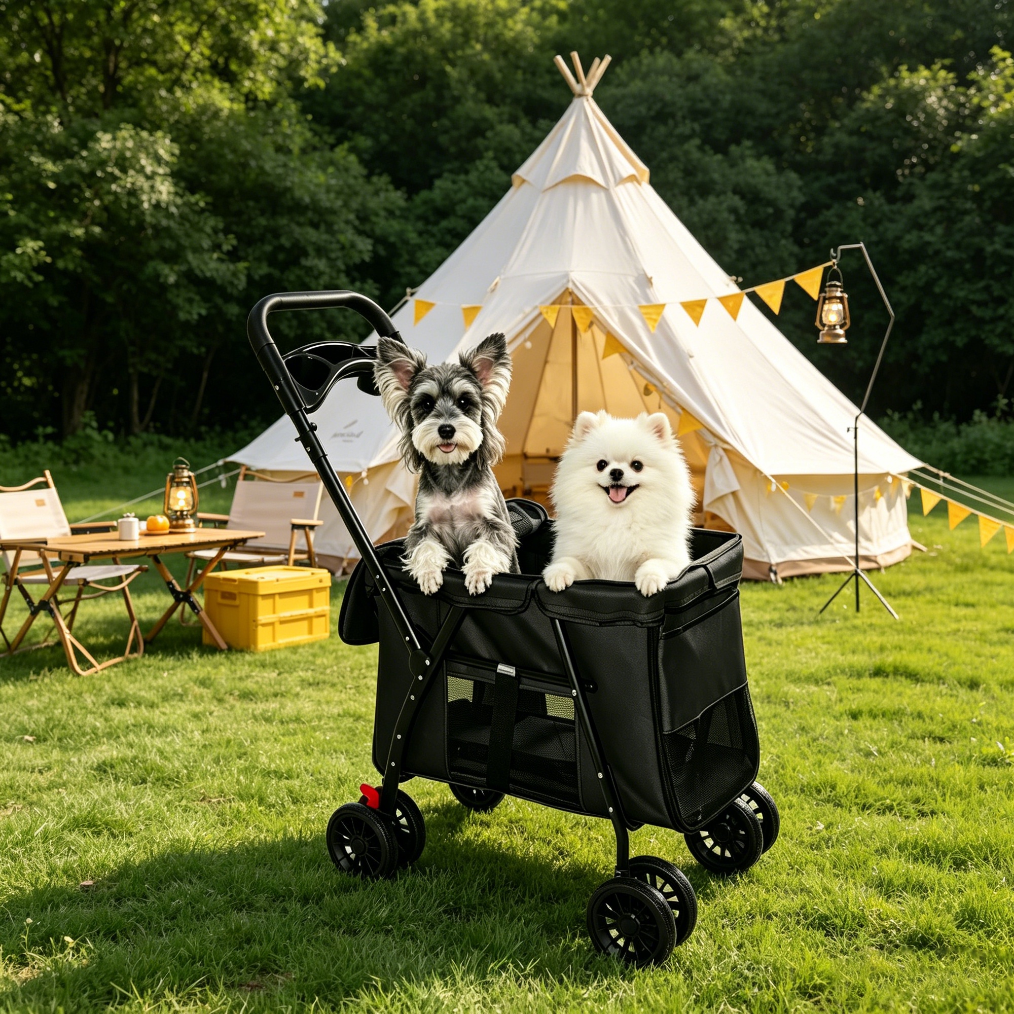 Pet Stroller, Foldable 4-Wheel Design, Breathable Mesh Dog Cat Stroller with Shockproof Wheels, Brake System, Storage Tray, 2 Fixed Safety Leashes, Large Space Pet Carrier for Small Medium Pets,Black - Image 10