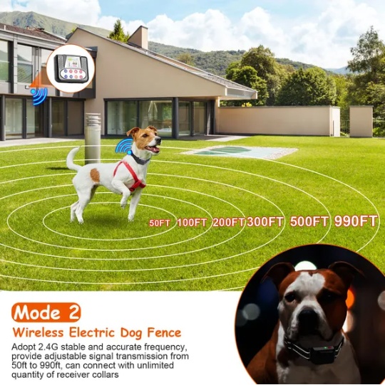 990FT Range Dog Wireless Fence Remote Training Collar IPX6 Waterproof Receiver With 0-9 Levels Beep Vibration Shock Mode 4 Channels Rechargeable Transmitter System - Image 2