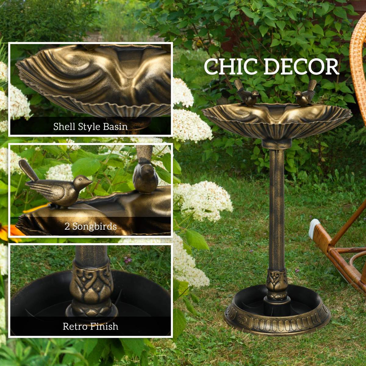 32" Antique Bird Bath Decorative Birdbath Bird Feeder Bowl with Planter Pedestal and Bird Statues, Bronze - Image 2