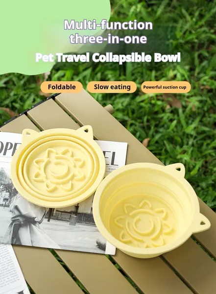 3-in-1 Pet Travel Collapsible Bowl Foldable Slow-Feeder With Strong Suction Cups Portable Silicone Dog Bowl With Hook For Hanging On Collar-Backpack