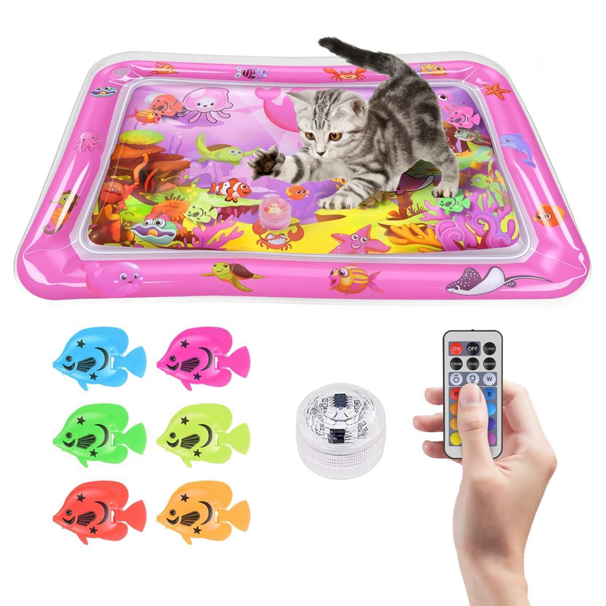 Cat Water Mat Interactive Sensory Play Mat With Floating Fish Toys LED Color Changing Light Thickened PVC For Indoor Cats Kittens Pet Enrichment - Image 6