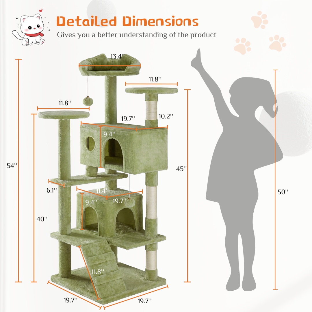 54 In Cat Tree Tower - Multi-level With Sisal Grab Post, Indoor Apartment With Ladder, Plush Toys, Rest And Play - Image 2