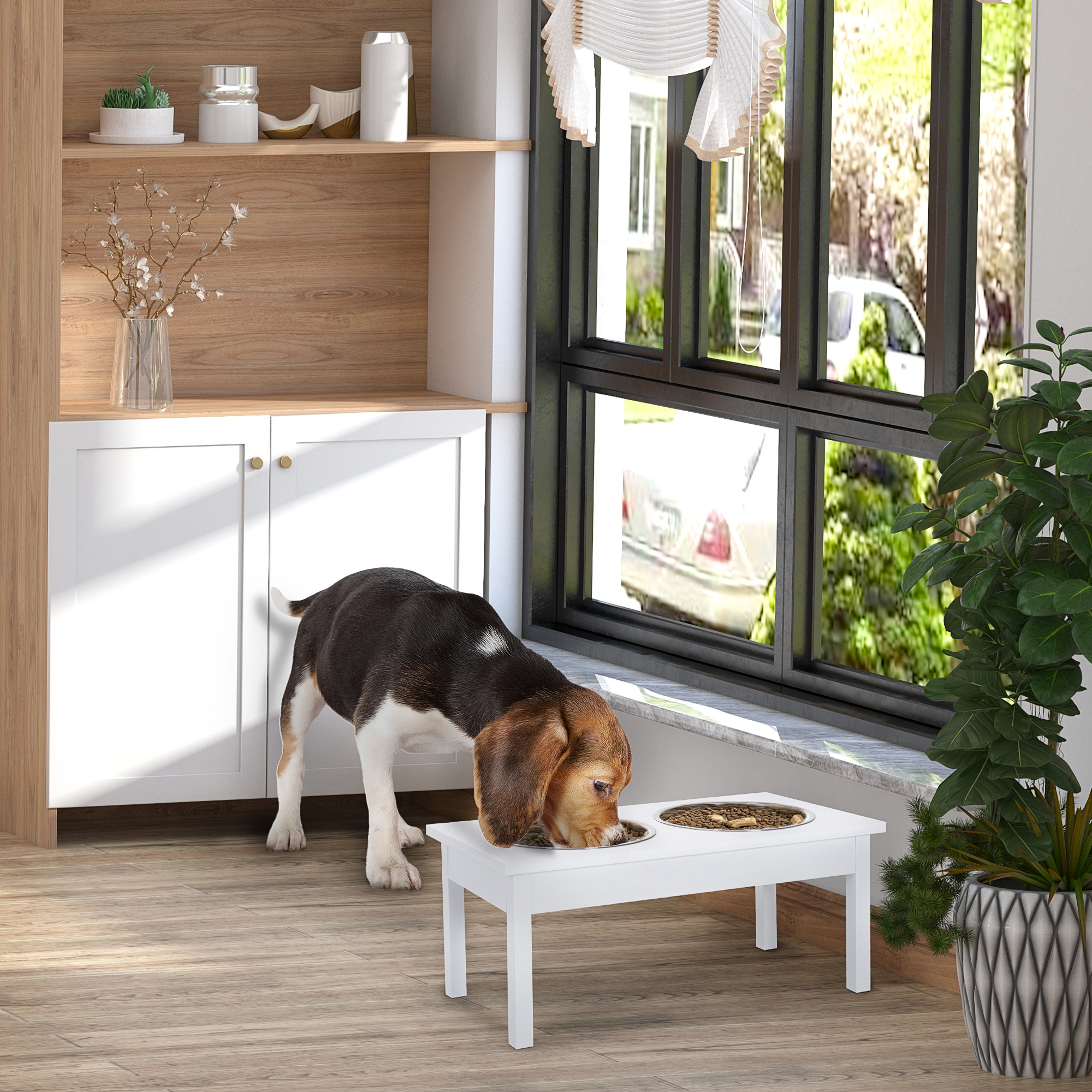 23" Wooden Heavy Duty Dog Food Bowls Pet Elevated Feeding Station -White - Image 2