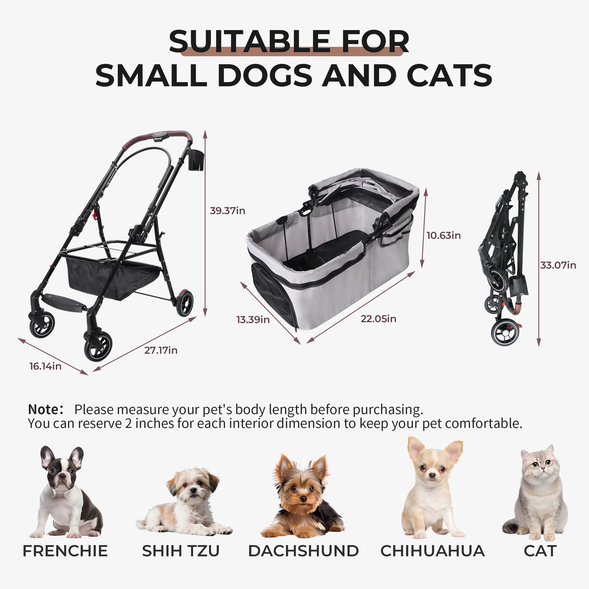4-Wheel Foldable Pet Stroller For Small Dogs & Cats - 360 Rotating Wheels, Detachable Carrier & Travel Bag Included - Image 2