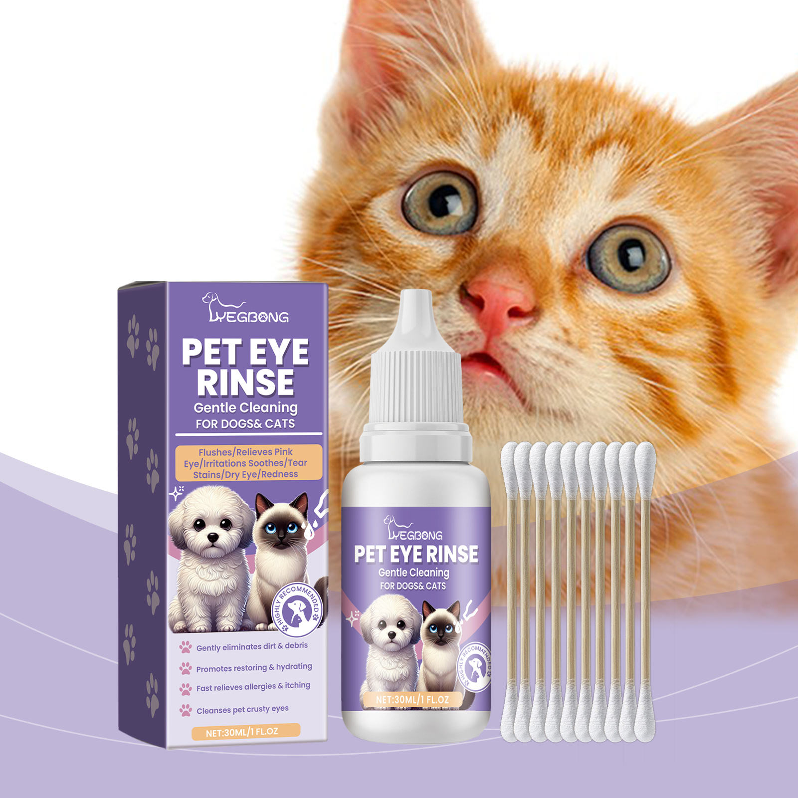 Pet Eye Rinse For Dogs & Cats, Gentle Eye Cleaner Solution With Hyaluronic Acid, Honeysuckle Extract & Taurine, Tear Stain Remover For Daily Eye Care, 30ml With Cotton Swabs - Image 8