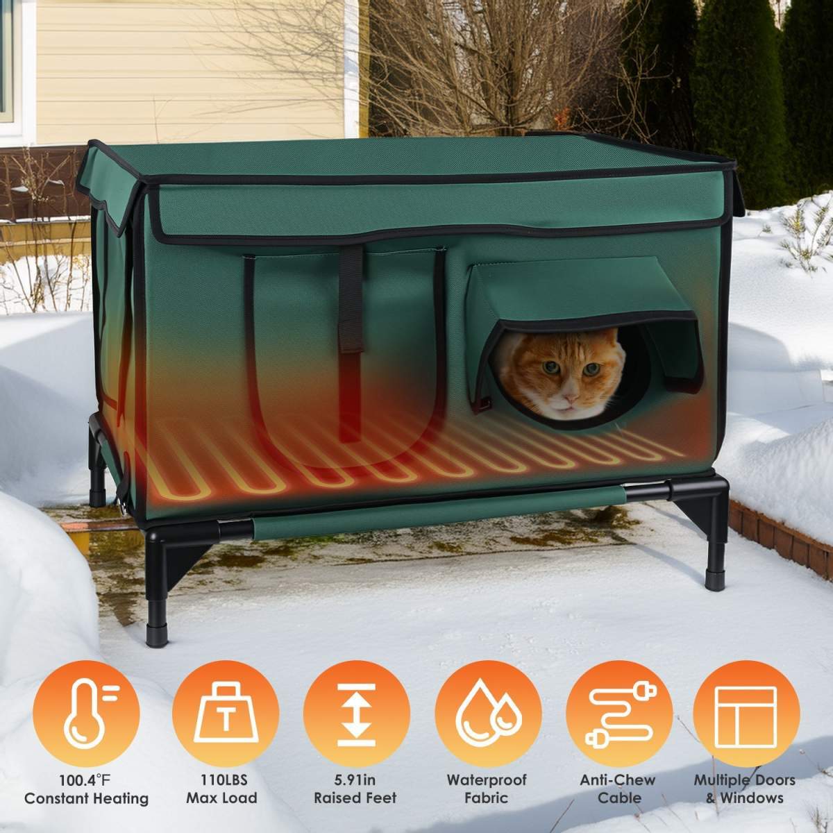 1Pc Waterproof Heated Cat House Outdoor Weatherproof Insulated Kitty Shelter Feral Cat Heating Bed With Heating Pad Anti-Chew Cord 2 Doors 3 Windows For Indoors Outdoors Winter Summer - Image 3