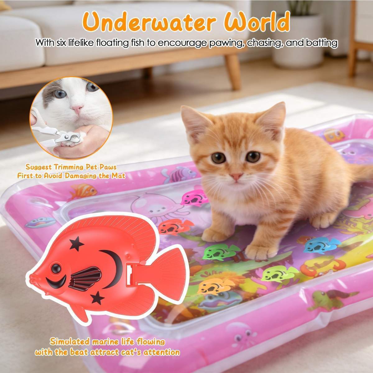 Cat Water Mat Interactive Sensory Play Mat With Floating Fish Toys LED Color Changing Light Thickened PVC For Indoor Cats Kittens Pet Enrichment - Image 4
