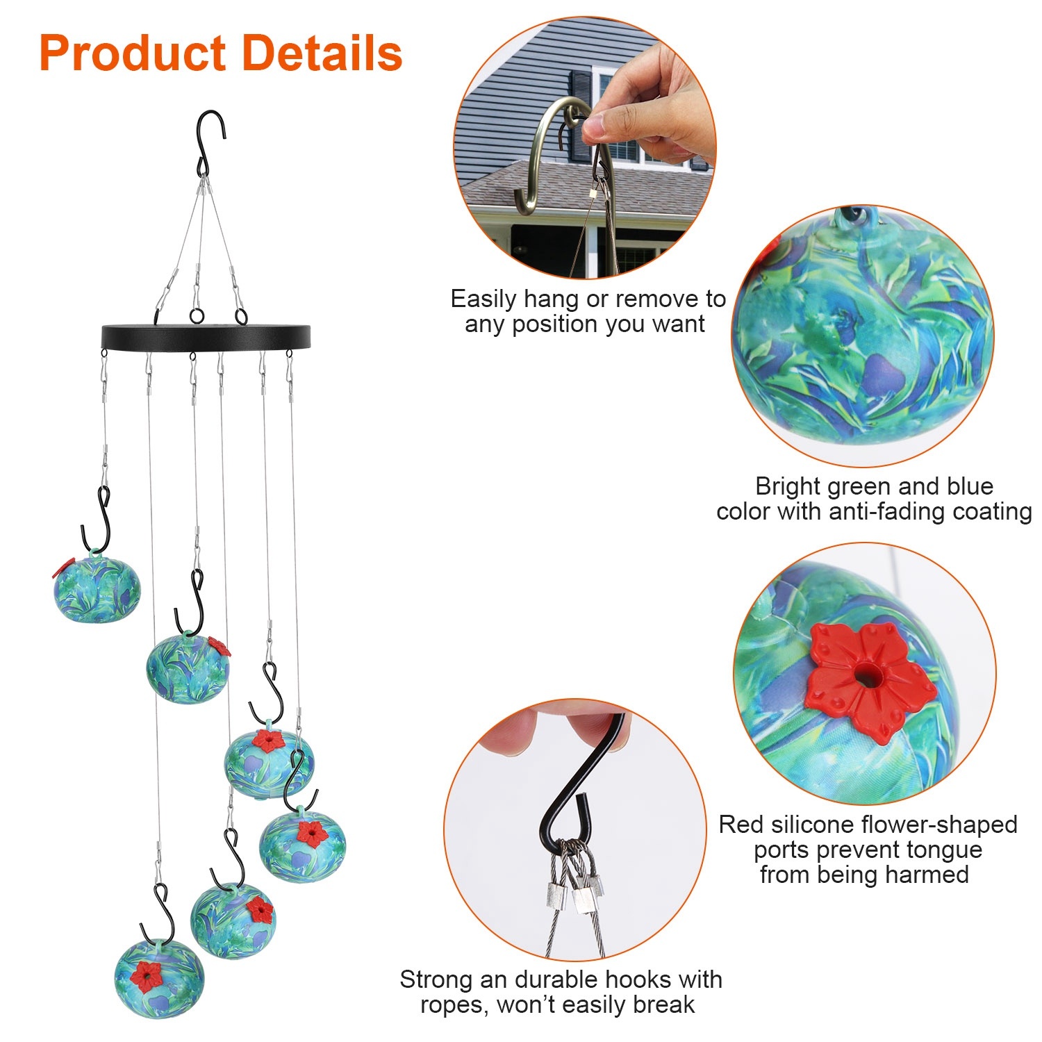 1Pc Wind Chimes Humming Bird Feeder Ant And Bee Proof Outdoor Hanging Hummingbird Feeder For Viewing Decoration For Garden Patio Yard Balcony - Image 7