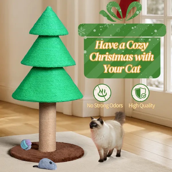 31.5in Christmas Tree Cat Scratcher, Cat Scratching Post For Indoor Cats, Large Sisal Cat Scratching Tree Cat Scratch Tower, Green - Image 3