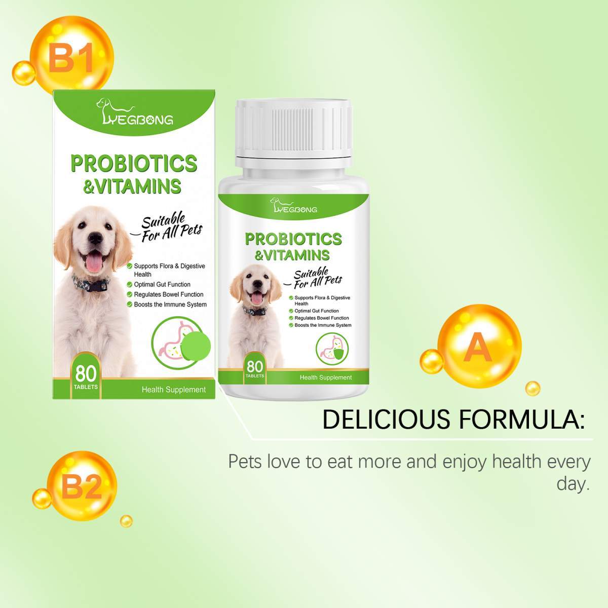 Pet Probiotics & Vitamin Tablets For Dogs & Cats, Gut Health Supplement, Support Digestion & Immune System, 80 Chewable Tablets - Image 3
