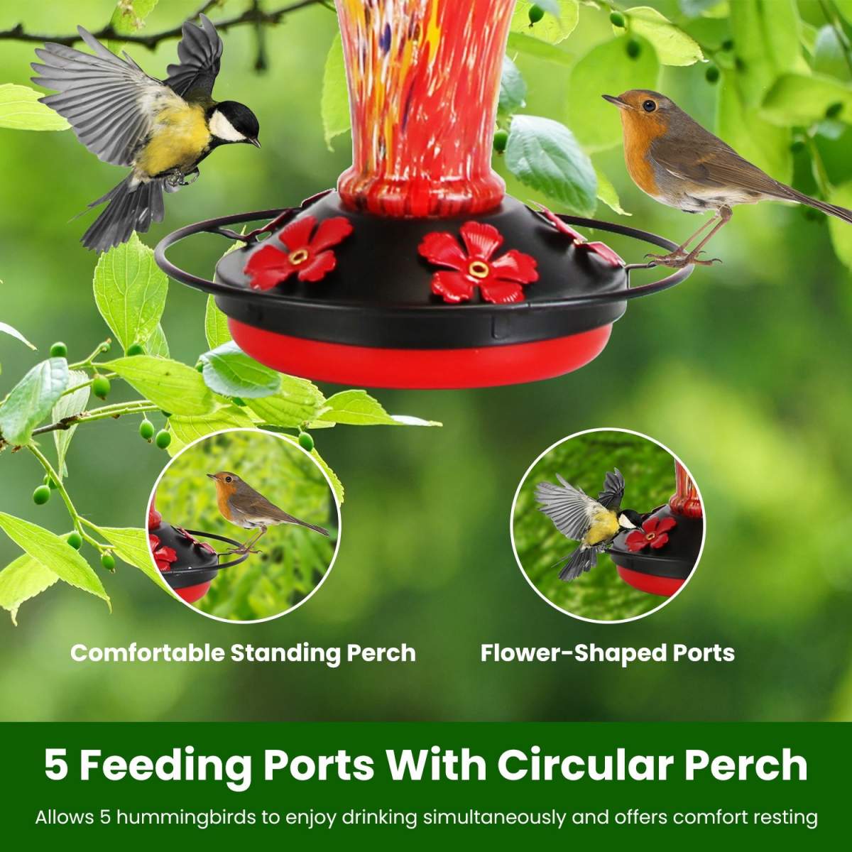 1Pc Glass Hummingbird Feeder 33OZ Hand Blown Hummingbird Feeder With 5 Flower Feeding Port Perch Ant Moat Hanging Hook S Hook Hemp Rope Cleaning Brush For Garden Decor - Image 5