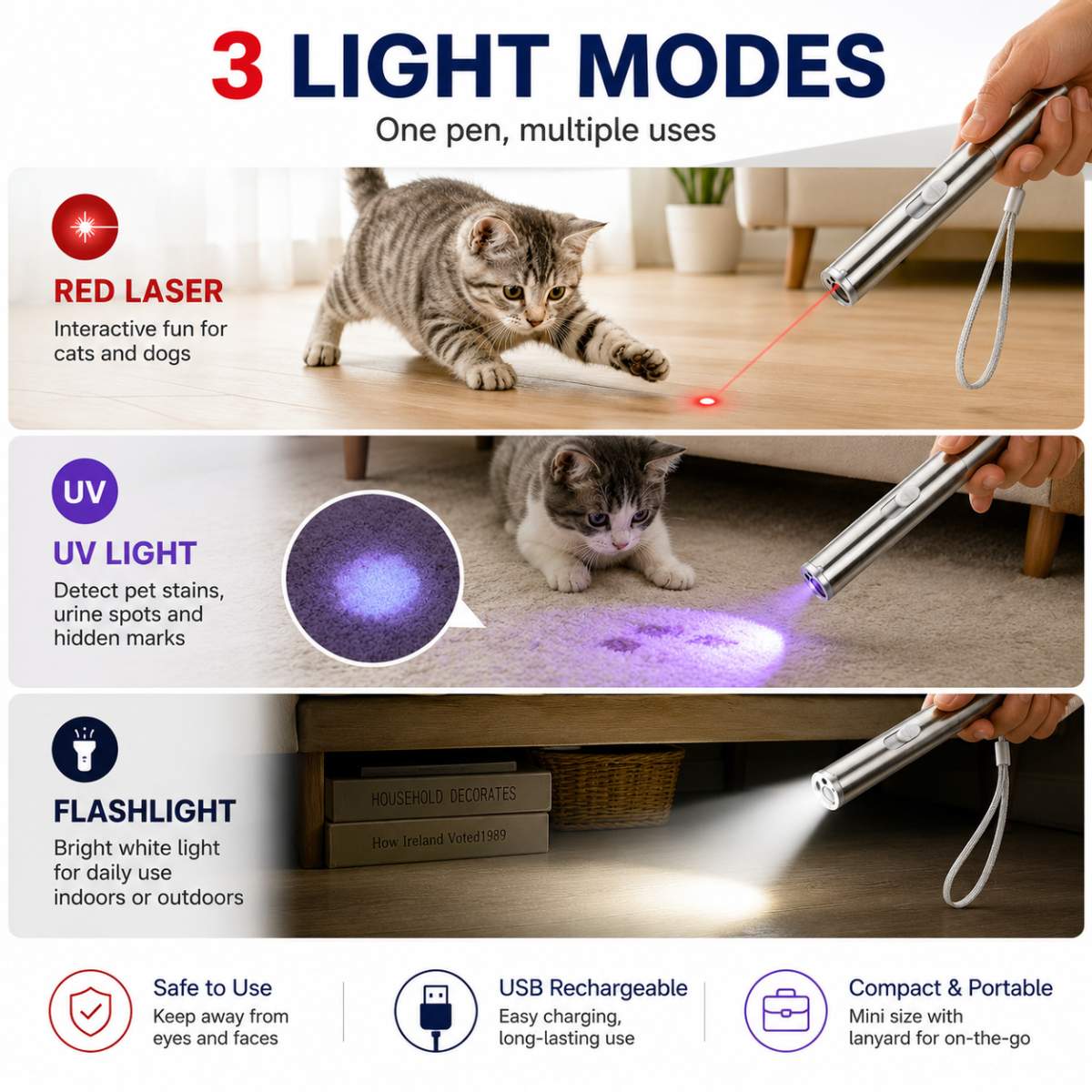 3-in-1 Pet Laser Pointer For Cats & Dogs,Cat Laser Pointer, USB Rechargeable Pet Toy With Red Laser, UV Light & LED Flashlight, Interactive Cat Toy For Indoor Play, Portable Multi-Function Light Pen - Image 5