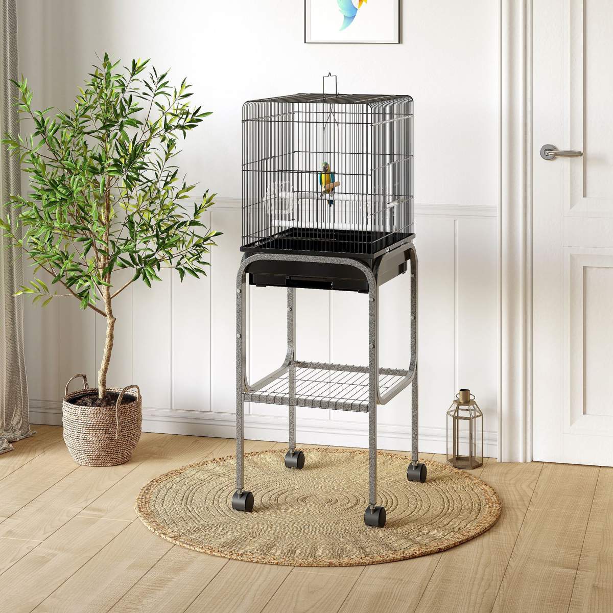 45-inch Metal Indoor Bird Cage, Parrot Cage, Bird Aviary with Detachable Rolling Stand, Storage Basket, and Accessories - Black - Image 6