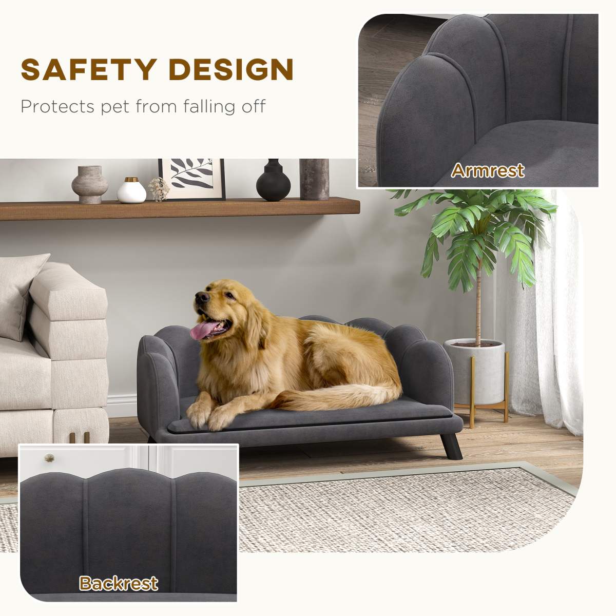 Pearl Design Pet Sofa for Medium and Large Sized Dogs, Pet Bed with Cushion and Solid Wood Legs, Charcoal Gray - Image 3