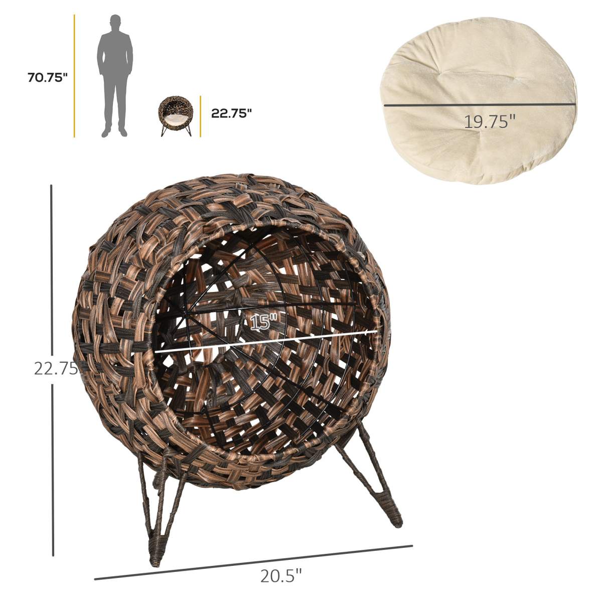 20.5" Weaved Cat Bed, Elevated Hand-woven Braided Banana Leaf Kitten House Condo with Cushion, Brown - Image 5