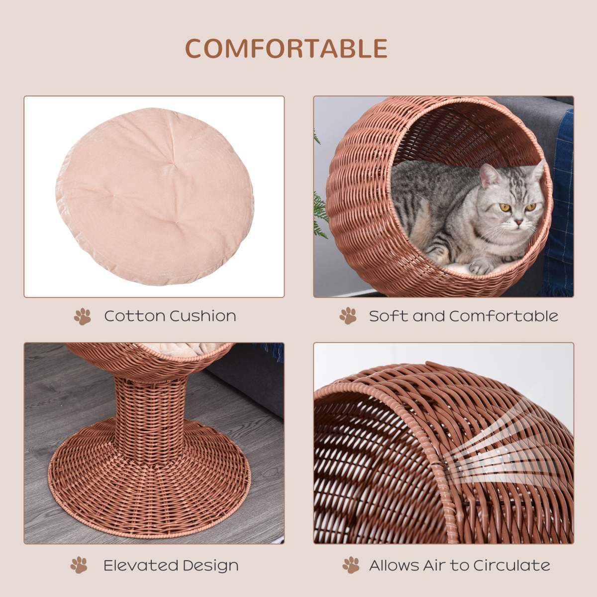 Elevated Cat Bed with Rotatable Egg Chair Pod, Cat Basket Bed with Thick Cushion, Natural Mat Grass Woven Kitty House, Brown - Image 6