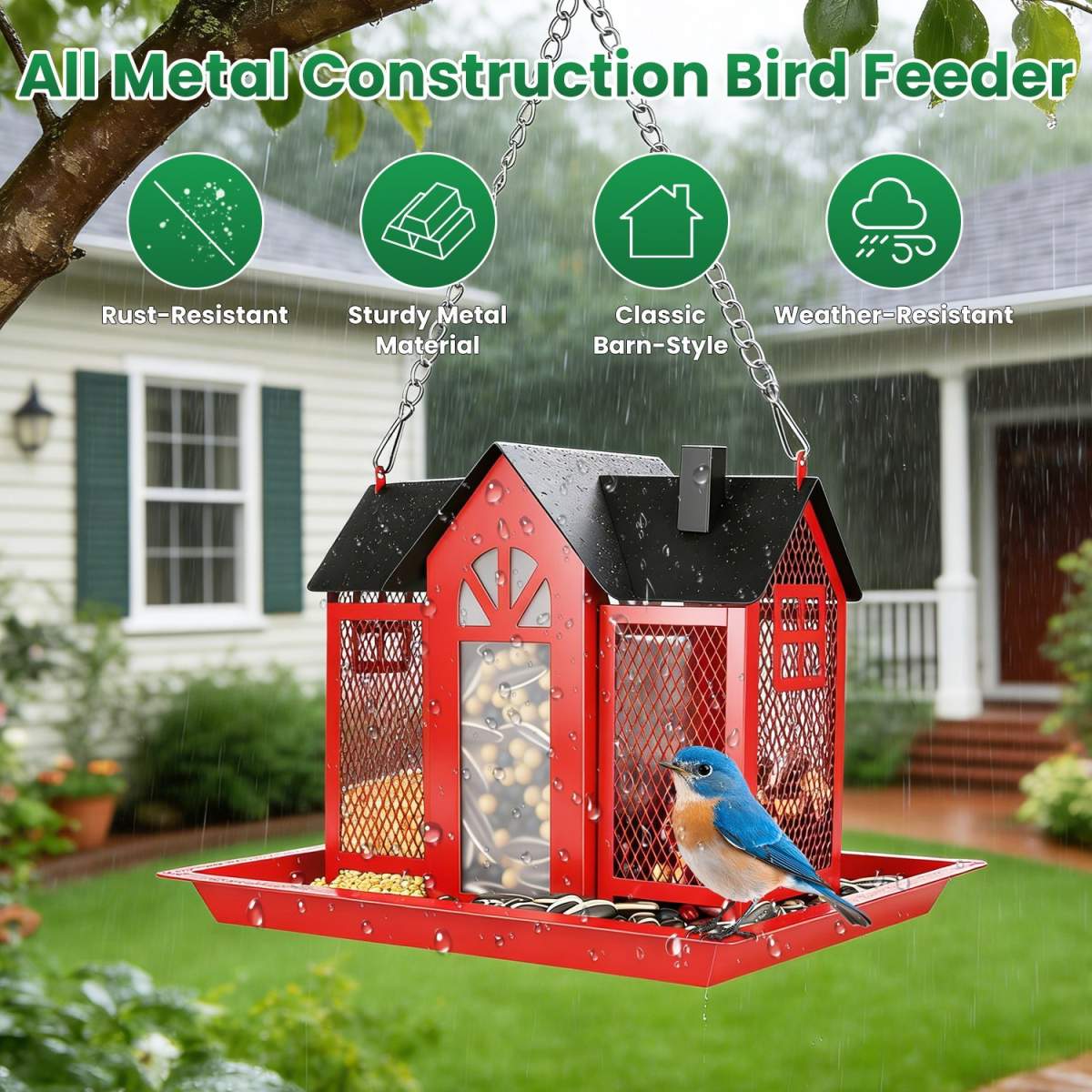 1Pc Metal Hanging Bird Feeder House Classic Barn Bird Feeder House Iron Hanging Outdoor Feeder With Visible Window And Lift Top Lid 15.75in Hanging Length Wild Birds Garden Yard - Image 2