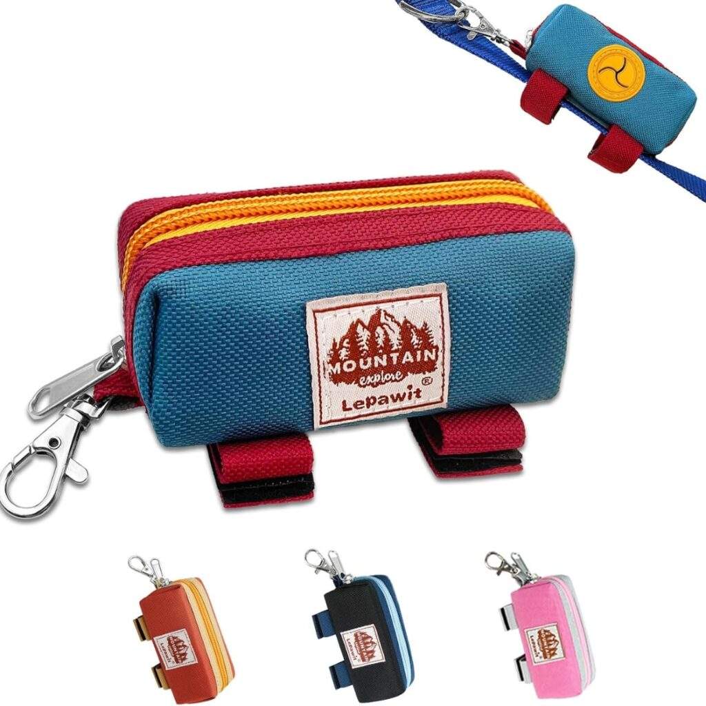 Dog Poop Bag Holder For Leash, Zippered Canvas Poop Bag Dispenser Pouch With Velcro Straps & Metal Carabiner Clip, Holds Keys & Treats For Daily Dog Walking