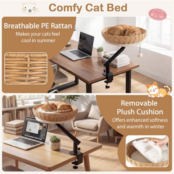 360 Rotatable Desktop Cat Bed Perch, 2-in-1 Workspace Cat Retreat With Jingling Ball Natural Black White - Image 9