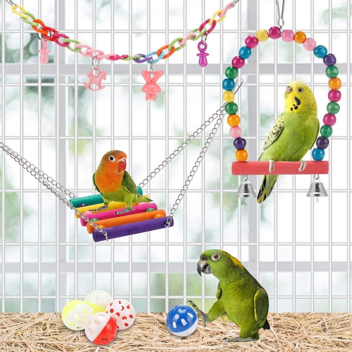 Bird Parakeet Toys Swing Hanging Standing Chewing Hammock Climbing Ladder Bird Cage Colorful Toys Suitable For Budgerigar - Image 4