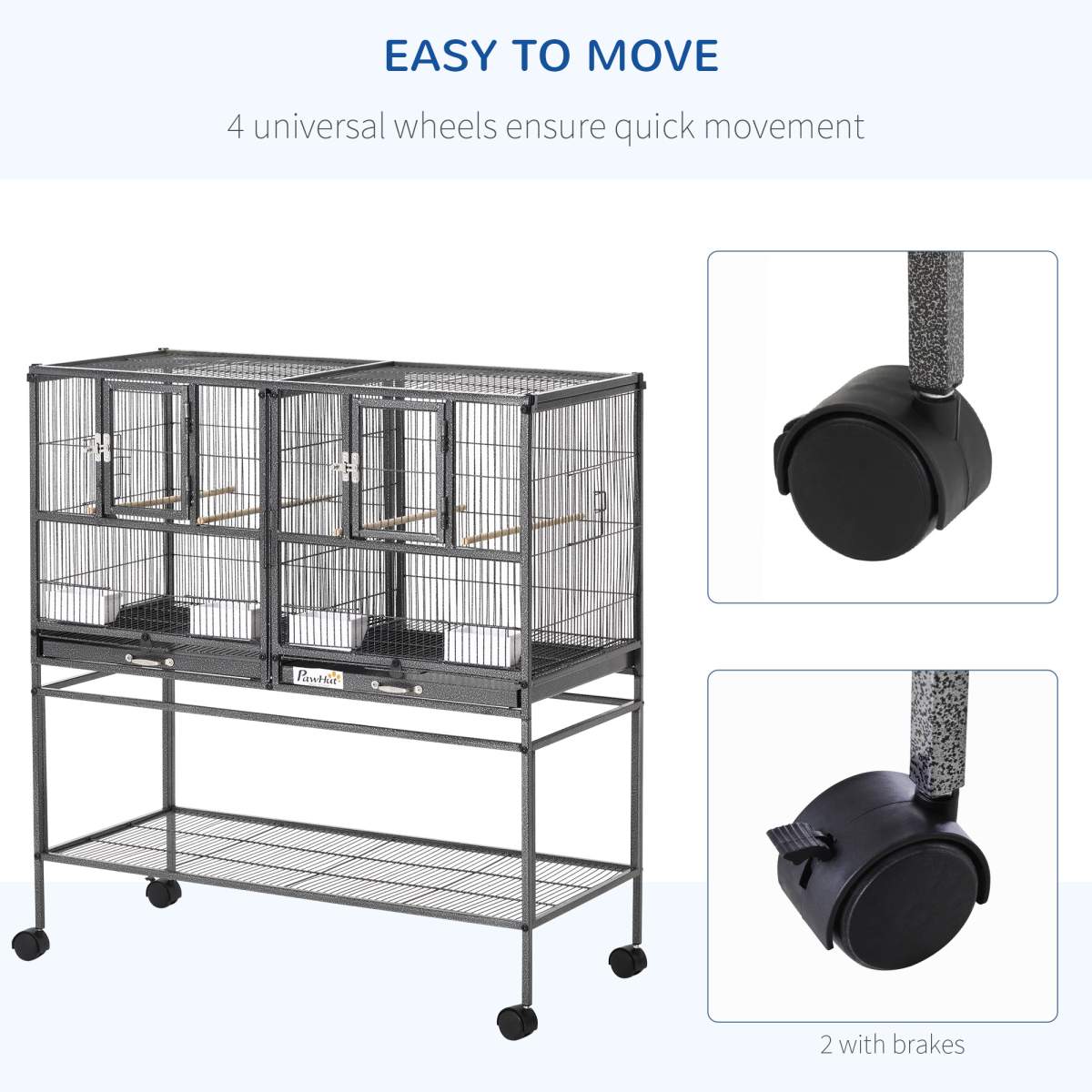Divided Breeder Bird Cage with Rolling Stand Removable Metal Tray, Storage Shelf, Wood Perch, and Food Container - Image 6