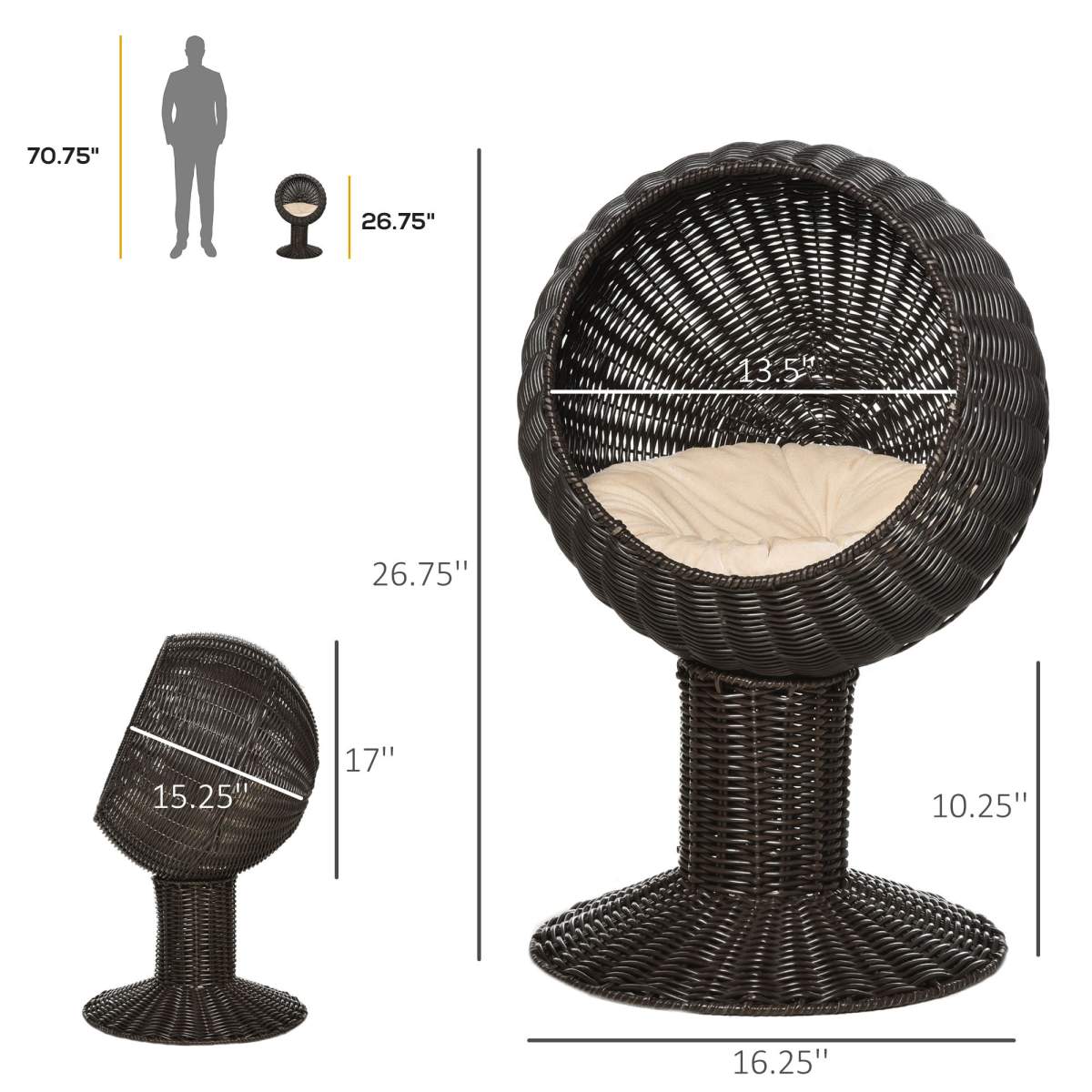 Elevated Cat Bed with Rotatable Egg Chair Pod, Cat Basket Bed with Thick Cushion, Natural Mat Grass Woven Kitty House, Coffee - Image 6
